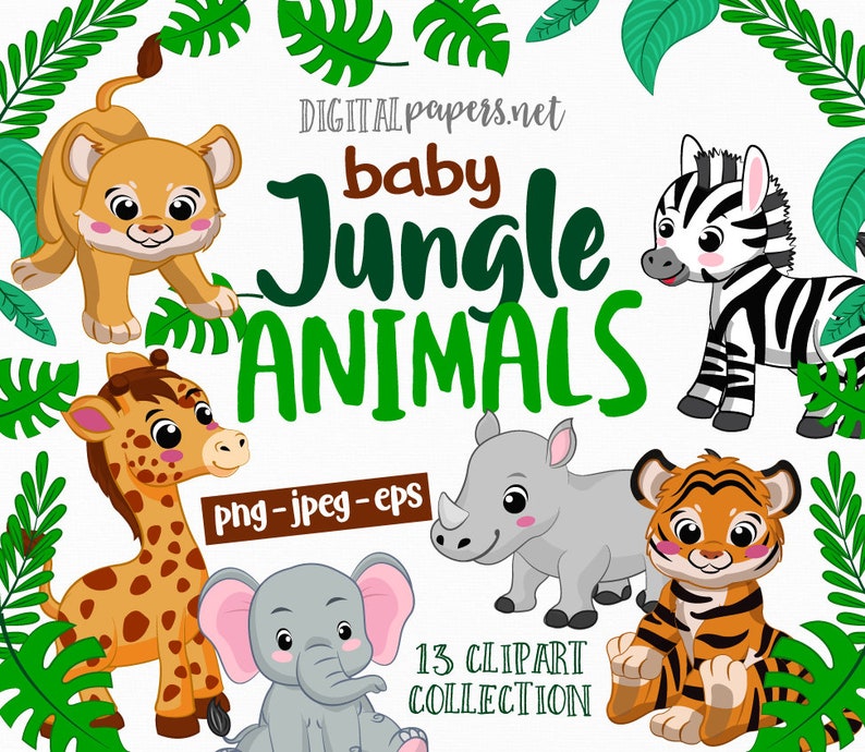 Puede incluir: Un conjunto de 13 ilustraciones de animales de la selva para beb&eacute;s. Los animales son un le&oacute;n, una jirafa, un elefante, un rinoceronte, una cebra y un tigre. Las ilustraciones son de estilo de dibujos animados y son perfectas para usar en libros para ni&ntilde;os, manualidades u otros proyectos.