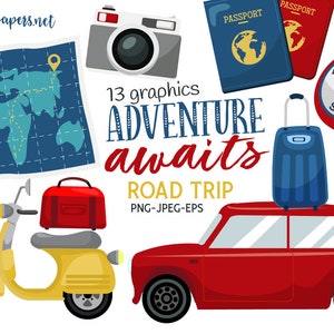 Road Trip Clipart, Travel Clipart, Adventure, Map, Car, Vector Clipart, Commercial Use, INSTANT DOWNLOAD