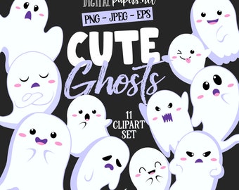 Cute Ghosts Clipart, Ghost Clip Art, png, Vector Clipart, Halloween Party, COMMERCIAL use, Halloween Clip Art, INSTANT DOWNLOAD