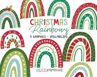Christmas Rainbows Clipart, Modern Rainbow PNG Clipart, Rainbow Party, Rainbow Nursery, Commercial use allowed, INSTANT DOWNLOAD