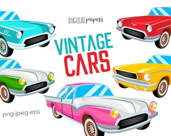 Vintage Cars Clipart, 50s clipart, Classic Car Clipart, Transportation, Retro Graphics, Stickers, Vector, Commercial, INSTANT DOWNLOAD