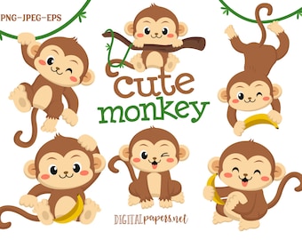 Monkey Clipart, Jungle Clipart, Zoo Clipart, Baby Monkey Clip art, Instant Download, COMMERCIAL, INSTANT DOWNLOAD