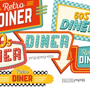 Diner Sign Clipart, 50s clipart, Restaurant Clipart, 50s Diner Graphics, Sign, Party Decor, Arrow, Vector, Commercial, INSTANT DOWNLOAD