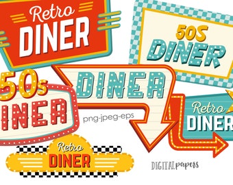 Diner Sign Clipart, 50s clipart, Restaurant Clipart, 50s Diner Graphics, Sign, Party Decor, Arrow, Vector, Commercial, INSTANT DOWNLOAD