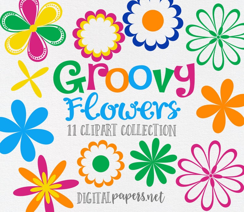 May include: A digital clipart collection of 11 groovy flowers in various colors, including yellow, orange, pink, blue, green, and white. The flowers are stylized with rounded petals and a retro feel. The text "Groovy Flowers 11 Clipart Collection" is displayed below the flowers.