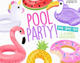 Pool Party Float Clipart: Flamingo, Unicorn, Pineapple (PNG, JPEG, EPS)