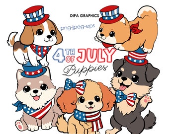 4th of July Puppies Clipart, Doodle Dog PNG, Independence Day Clipart, America Clipart, Flag Clipart, Instant Download