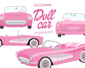 Doll Clipart, Car Clip art, Retro Car, Pink Convertible, Vintage Car, Convertible, Summer, INSTANT DOWNLOAD