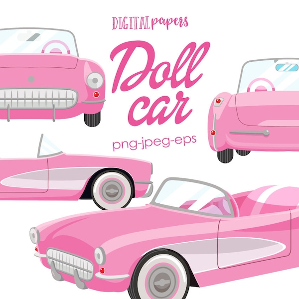 Doll Clipart, Car Clip art, Retro Car, Pink Convertible, Vintage Car, Convertible, Summer, INSTANT DOWNLOAD