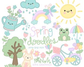 Frühling, Clipart Bundle mit png, jpg, eps, handgemachte Doodles, Instant Download