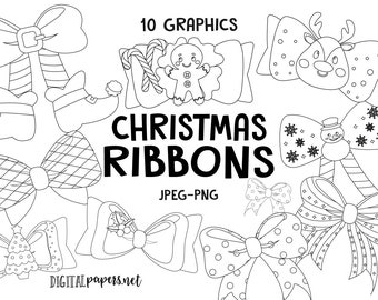 Christmas Ribbons Outlines Clipart, Christmas Decorations Clipart, Christmas Clipart, Digital Stamps, Commercial Use, INSTANT DOWNLOAD