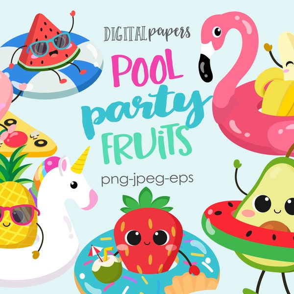 Pool Party Fruits, Float Clipart, Pool Party Clipart, Flamingo, Watermelon, Summer, Vector Graphics, Commercial Use, INSTANT DOWNLOAD