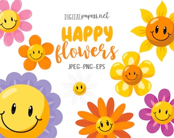Happy Flowers Clipart, Groovy Flowers, Spring Clipart, Garden, Flower, Floral Clip art, Vector, Commercial, INSTANT DOWNLOAD