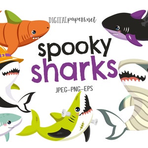 Halloween Sharks, Halloween Clipart, Shark Clipart, Pool Party, Costume Party, Pumpkin, Witch, Mummy, Vampire, Commercial, INSTANT DOWNLOAD