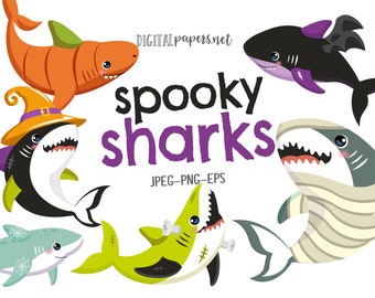 Halloween Sharks, Halloween Clipart, Shark Clipart, Pool Party, Costume Party, Pumpkin, Witch, Mummy, Vampire, Commercial, INSTANT DOWNLOAD
