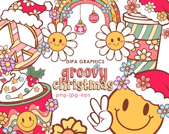 Retro Christmas Clipart: Groovy Doodles, Sublimation PNG (Digital Download)