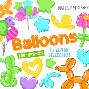 Clipart balonowy, Clipart wektorowy EPS, Clipart zwierzęcy balonowy, Balon imprezowy, Clipart PNG, Użytek komercyjny, Natychmiastowe pobieranie