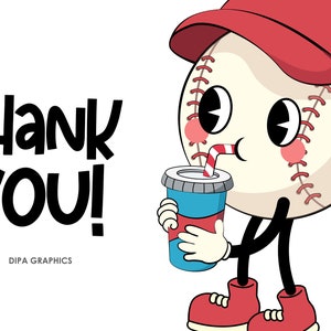 K&ouml;nnte beinhalten: Ein Cartoon-Baseball mit einer roten Kappe und gro&szlig;en Augen trinkt aus einem blauen Becher mit einem roten und wei&szlig;en Strohhalm. Der Baseball hat eine wei&szlig;e, gen&auml;hte Naht und rote Wangen. Der Text "Thank You!" ist in schwarzen Buchstaben auf wei&szlig;em Hintergrund geschrieben.