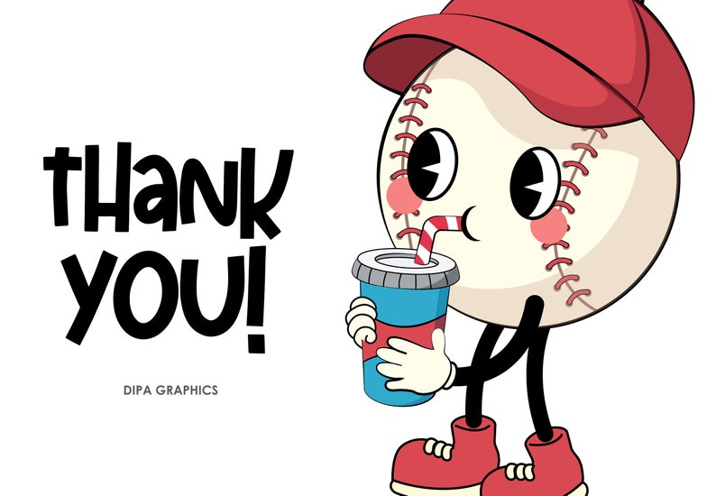 K&ouml;nnte beinhalten: Ein Cartoon-Baseball mit einer roten Kappe und gro&szlig;en Augen trinkt aus einem blauen Becher mit einem roten und wei&szlig;en Strohhalm. Der Baseball hat eine wei&szlig;e, gen&auml;hte Naht und rote Wangen. Der Text "Thank You!" ist in schwarzen Buchstaben auf wei&szlig;em Hintergrund geschrieben.