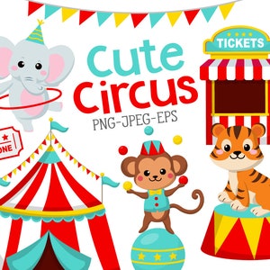 Circus Clipart, Baby Animals, Elephant, Monkey, Tiger, Carnival Clipart, Circus Tent, Ticket, Commercial Use, Instant Download