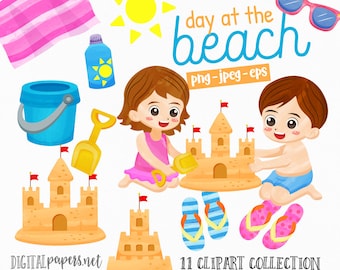 Beach Clipart: Sand Castle, Toys, Summer Graphics (PNG, JPEG, EPS)