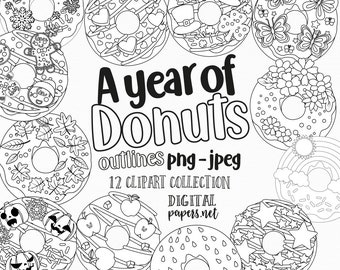 Donut Outlines Clipart: Sprinkles, Year of Donuts (PNG, JPEG, Digital Download)