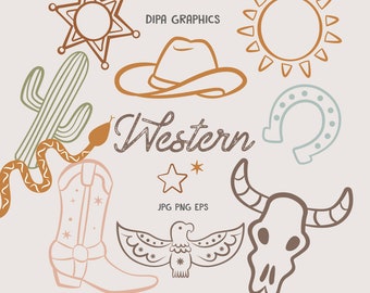 May include: A set of western-themed illustrations, including a cactus, a snake, a cowboy hat, a horseshoe, a star, a sun, a boot, a skull, and an eagle. The text "Western" is written in a vintage style font. The text "Dipa Graphics" and "JPG PNG EPS" are also included.