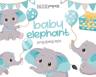 Baby Elephant Clipart, Elephant Graphics, Balloon Clipart, Baby Shower Clipart, Jungle Clipart, Vector, Commercial, INSTANT DOWNLOAD