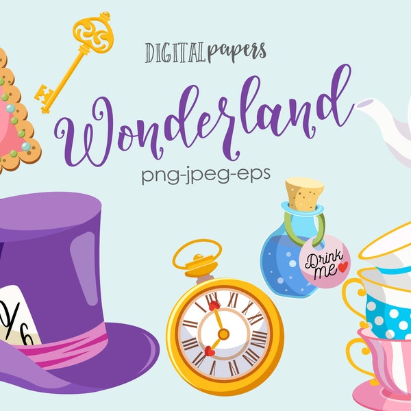 Alice in Wonderland Clipart, Vol 1, Vector Graphics, Tea Party Clipart, Key, Potion, Cupcake, Commercial Use, Instant Download