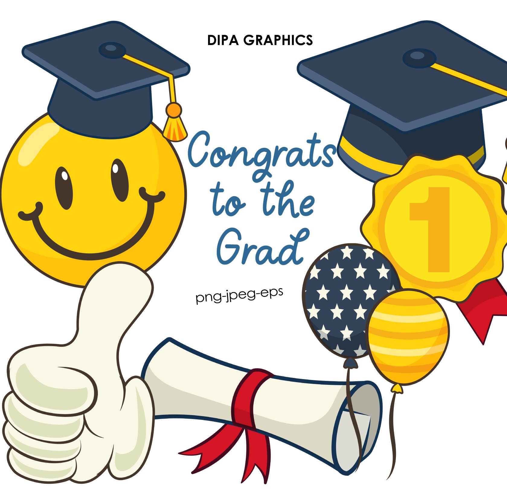Retro Graduation Clipart: Smiley, Diploma, Balloons (PNG, JPEG, EPS) - Etsy