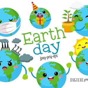 Earth Day Clipart, Earth Clipart, Planet Clipart, Kawaii Earth, Space Clip art,  Instant Download, COMMERCIAL, INSTANT DOWNLOAD