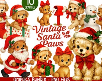 Vintage Weihnachten Welpe Clipart Set: Santa Paws PNG (Instant Download)