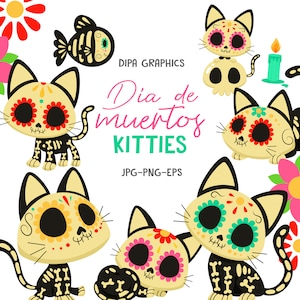 死者の日の子猫、メキシコのクリップアート、ハロウィーンの黒猫の骸骨、シュガースカルのクリップアート、ベクター PNG 昇華クリップアート、商用利用