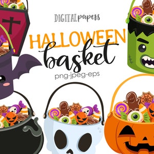 Halloween Basket Clipart, Halloween Clipart, Pumpkin, Bat, Costume party, Halloween Party, Vampire, Witch, Commercial, INSTANT DOWNLOAD