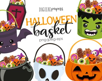 Halloween Basket Clipart: Pumpkin, Bat, Witch (INSTANT DOWNLOAD)