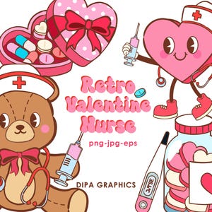 Valentine’s Day Nurse Clipart, Retro Clipart, Valentines Day Nurse, PNG, JPG and EPS, Instant Download