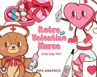 Valentinstag Krankenschwester Clipart: Retro PNG, JPG, EPS (Instant Download)