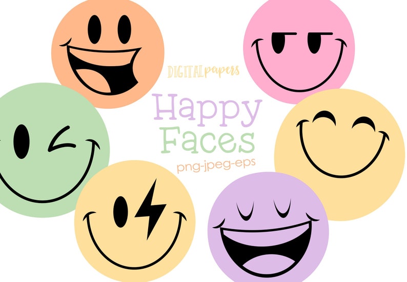 Smiley Clipart, Happy Face Clipart, Emoji Graphics, Retro Clipart, Smiley Graphics, Vector, Commercial, INSTANT DOWNLOAD image 1