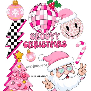Pink Christmas PNG Disco, Candy Cane Clipart, Santa Claus png Sublimation Candy Cane Groovy Clipart INSTANT DOWNLOAD image 1