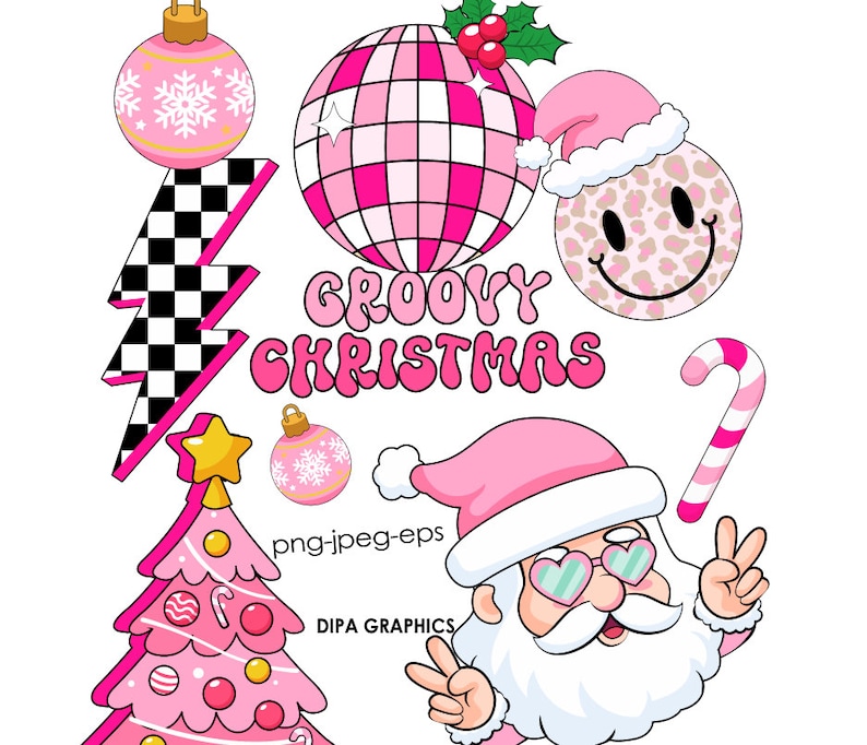 Pink Christmas PNG Disco, Candy Cane Clipart, Santa Claus png Sublimation Candy Cane Groovy Clipart INSTANT DOWNLOAD image 1