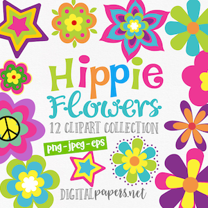Hippie Flowers Clipart, Groovy Flowers, Retro Flower Clipart, 60s Clipart, COMMERCIAL use allowed, INSTANT DOWNLOAD