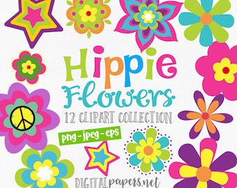 Retro Hippie Flower Clipart: 60s Groovy Floral Graphics (Instant Download)