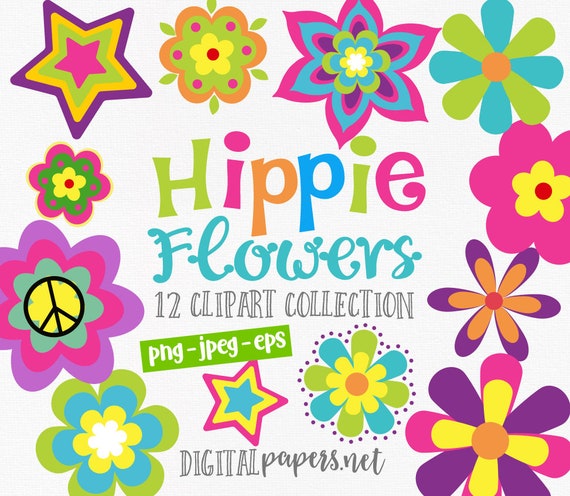 Retro Hippie Flower Clipart: 60s Groovy Floral Graphics (Instant Download)