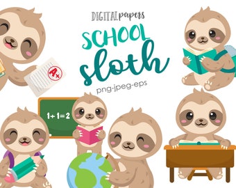 School Sloth, Back to School Clipart, Backpack, Desk, Board, Student, Kindergarten, Vector, Commercial Use, Instant Download