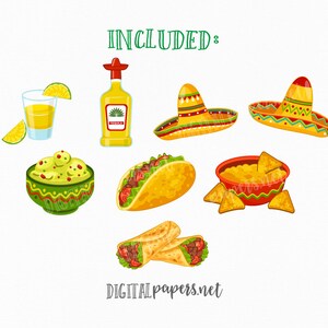 Może przedstawiać: Zestaw kolorowych ilustracji cyfrowych przedstawiających meksykańskie jedzenie i artykuły imprezowe. W zestawie znajduje się sombrero, taco, burrito, miska guacamole, kieliszek do shot&oacute;w z tequilą i miska z chipsami i salsą.
