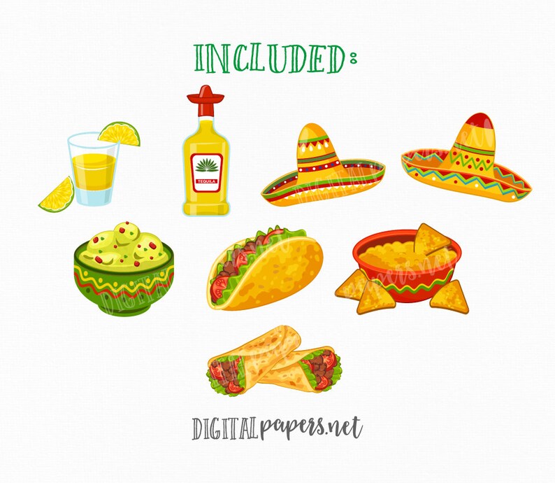 Może przedstawiać: Zestaw kolorowych ilustracji cyfrowych przedstawiających meksykańskie jedzenie i artykuły imprezowe. W zestawie znajduje się sombrero, taco, burrito, miska guacamole, kieliszek do shot&oacute;w z tequilą i miska z chipsami i salsą.