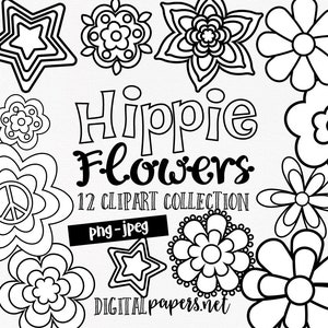Hippie Flowers Clipart, Digital Stamps, Groovy Flowers, Retro Flower Clipart, 60s Clipart, COMMERCIAL use allowed, INSTANT DOWNLOAD