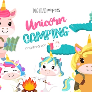 Clipart z jednorożcem na kempingu, szczęśliwy kamper, kominek, Clipart z harcerstwem, odkrywca, wakacje, podróż, komercyjny, NATYCHMIASTOWE POBIERANIE