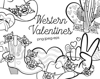 Western Valentine's Day Outlines PNG, Valentines Day Clipart, Western PNG Sublimation Clipart, Cowgirl Clipart, Instant Download