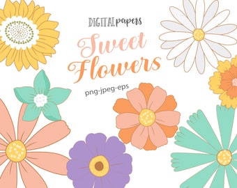 Sweet Flowers Clipart, Groovy Flowers, Spring Clipart, Garden, Flower, Floral Clip art, Vector, Commercial, INSTANT DOWNLOAD